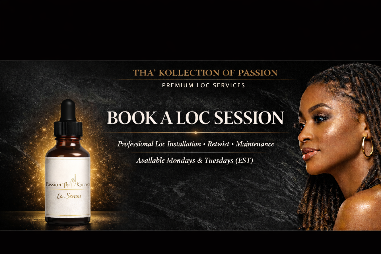 Advertisement for loc services with a bottle of hair serum and a woman with braided hair on a dark background.