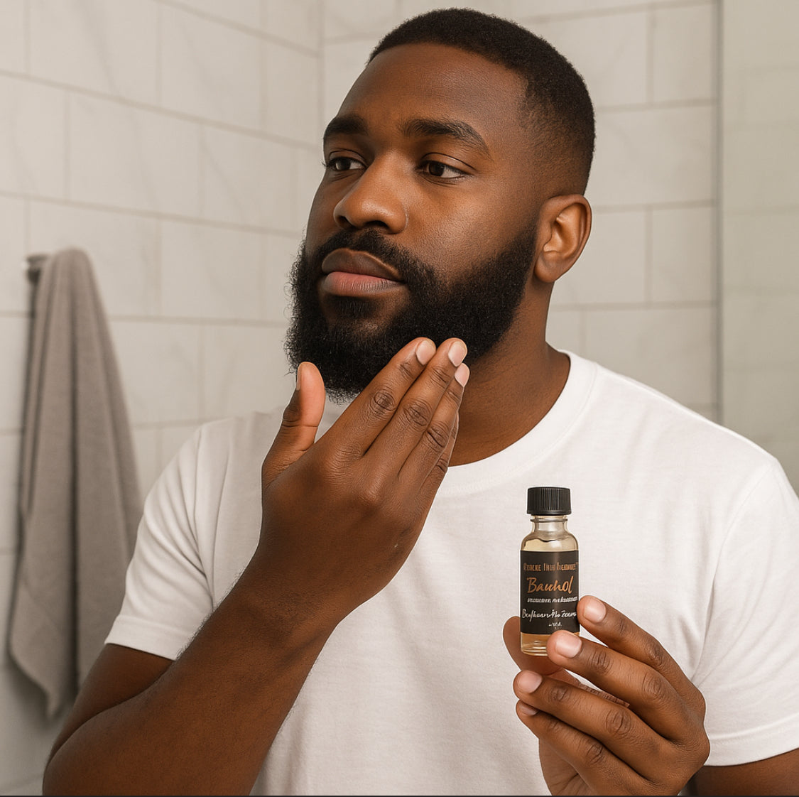 Man holding a bottle of hair product in a bathroom setting