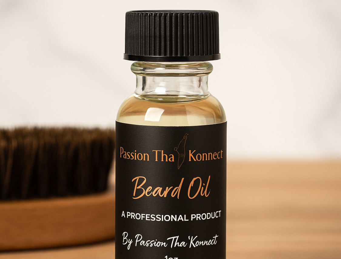 Bottle of Passion Tha Konnect beard oil with a brush in the background